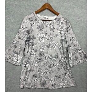 J Jill Womens Tunic Top M Floral Bell Sleeve Gray & White